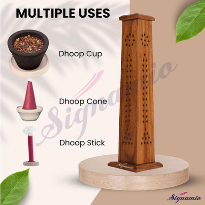 SIGNAMIO® 2pcs Square Wooden Agarbatti Stand with Ash Catcher: Premium Incense Stick and Dhoop Holder Set for Pooja Room Decoration - Essential Puja Items for Home Mandir & Agarbatti Storage Box