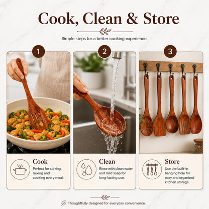 SIGNAMIO 7-Piece Wooden Spatula Set for Cooking, Natural Sheesham Wood Kitchen Utensils Set, Non-Stick Safe Cooking Tools, Turner, Ladle, Slotted Spatula & Serving Spoon Set for Kitchen