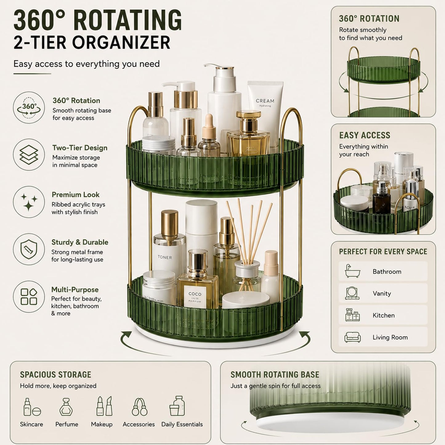 Signamio Gold 2 Tier 360 Rotating Tray Organiser (Vintage Green)