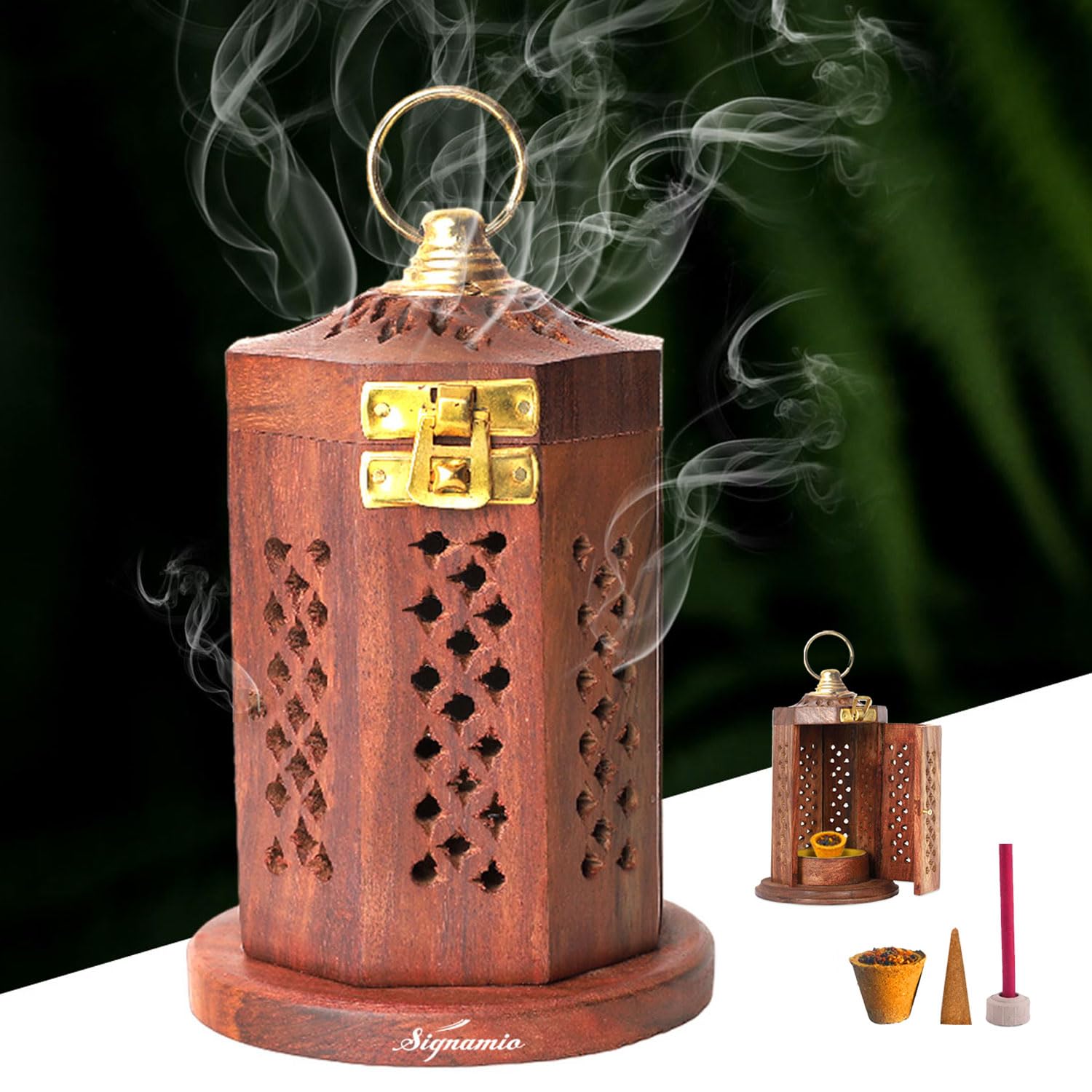 SIGNAMIO® Wooden Sambrani Dhoop Stand Incense Holder: Dhoop Dani Items for Home Mandir, Perfect Pooja Room Decoration and Pooja Thali Set Rituals -Pack of 1