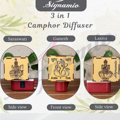 SIGNAMIO® Auto Cut Wooden Ganesha Laxmi Saraswati Camphor Kapoor Bakhoor Oud Aroma Oil Diffuser Incense Dhoop Burner Electrical Stand Machine for Home Fragrance with Night Lamp