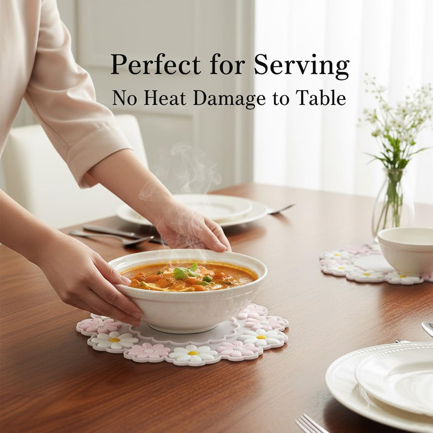 Signamio Silicone Mat for Kitchen - Heat Resistant Flower Shaped Trivet Mat Set, Coasters for Dining Table for Hot Pots, Pack of 3-1 Small, 1 Medium, 1 Large Heat Mats - Pink