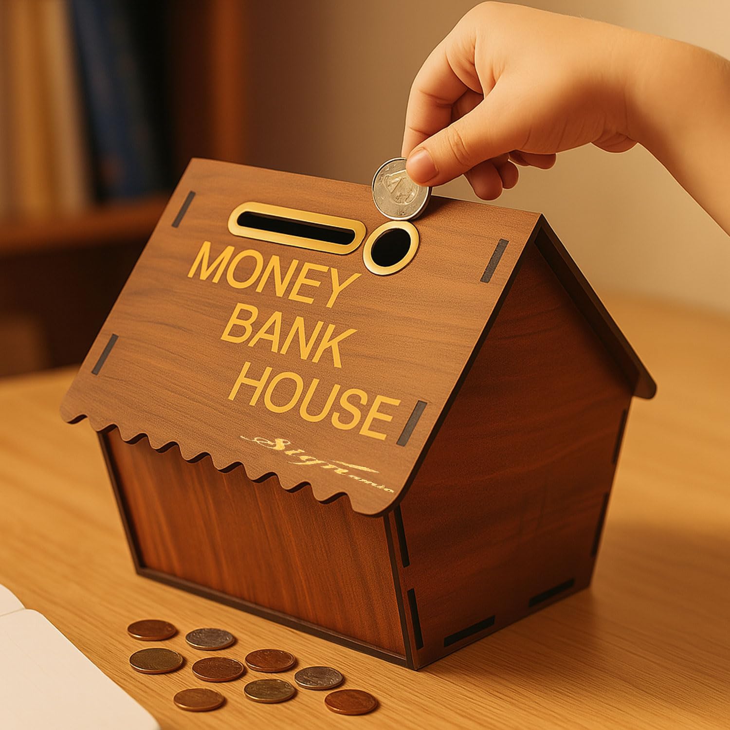 Signamio Wooden Money Saving Box for Adults - House Shaped Piggy Bank 100000, Elegant Money Box for Secure Savings and Home Decor, Durable Wooden Material
