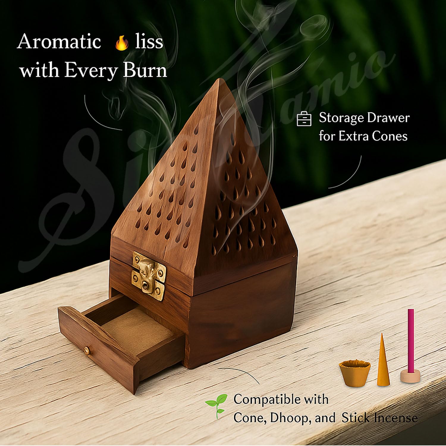 SIGNAMIO® Wooden Sambrani Dhoop Stand Incense Holder: Dhoop Dani Items for Home Mandir, Perfect Pooja Room Decoration and Pooja Thali Set Rituals -Pack of 1