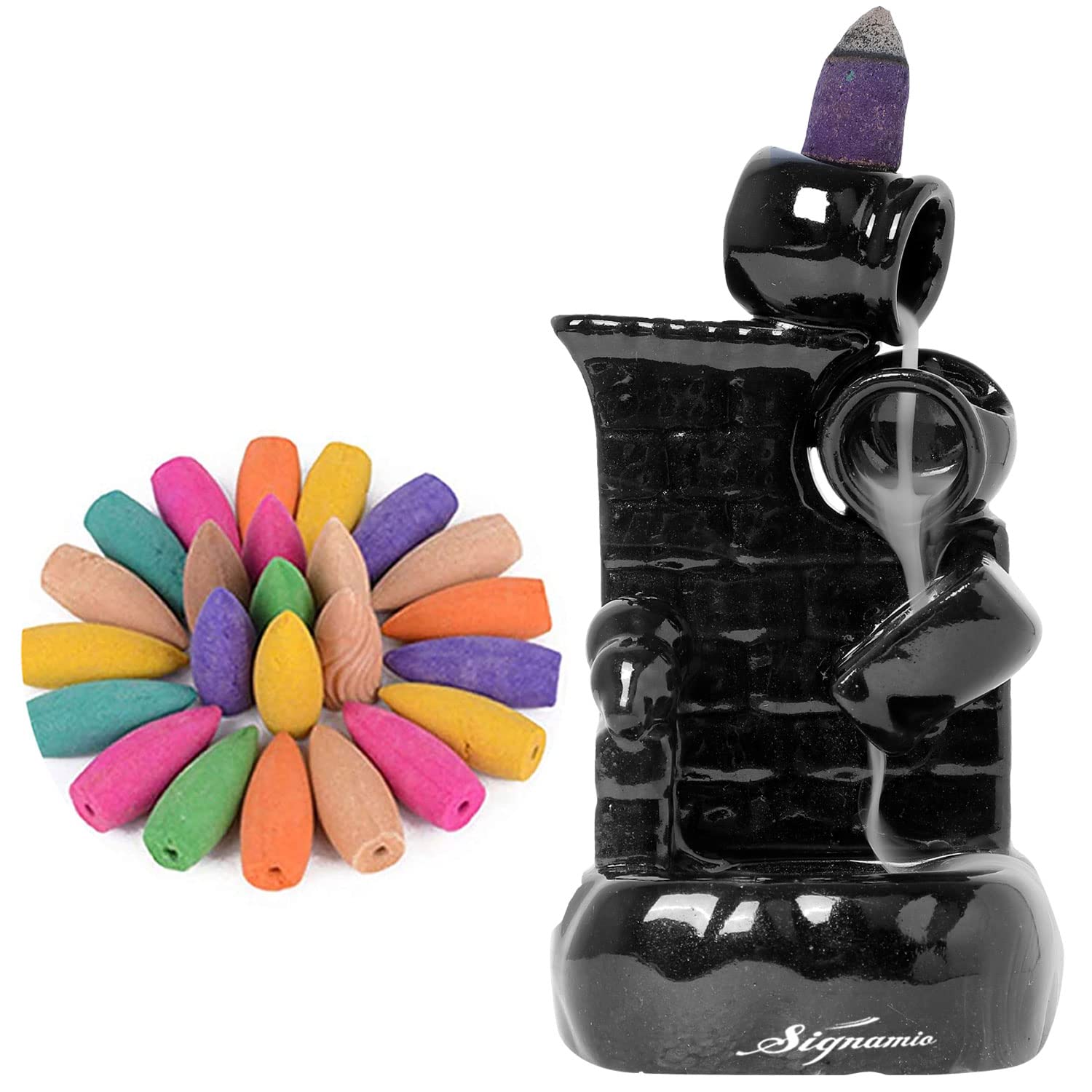 Signamio Ceramic Backflow Incense Fountain - 30 Cones Included for Pooja Meditation, Elegant Backflow Incense Holder, Aesthetic Incense Burner for Decor-DN-Water Flow