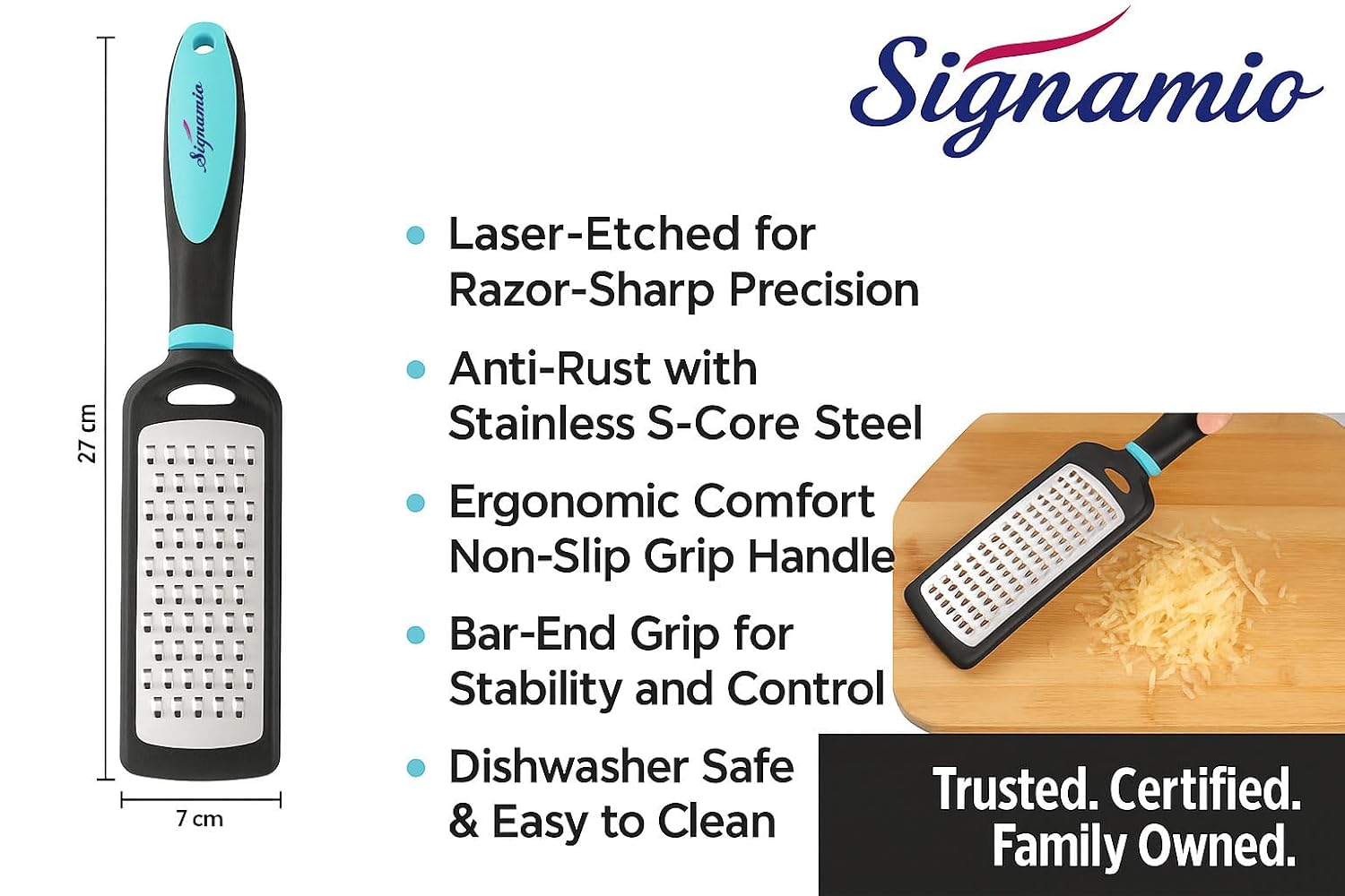SIGNAMIO® Hand Kadukas Cheese Grater and Vegetable Shredder for Kitchen Stainless Steel Ginger Crusher, Carrot Grater, Garlic Slicer with Protective Cover (Sky Blue)