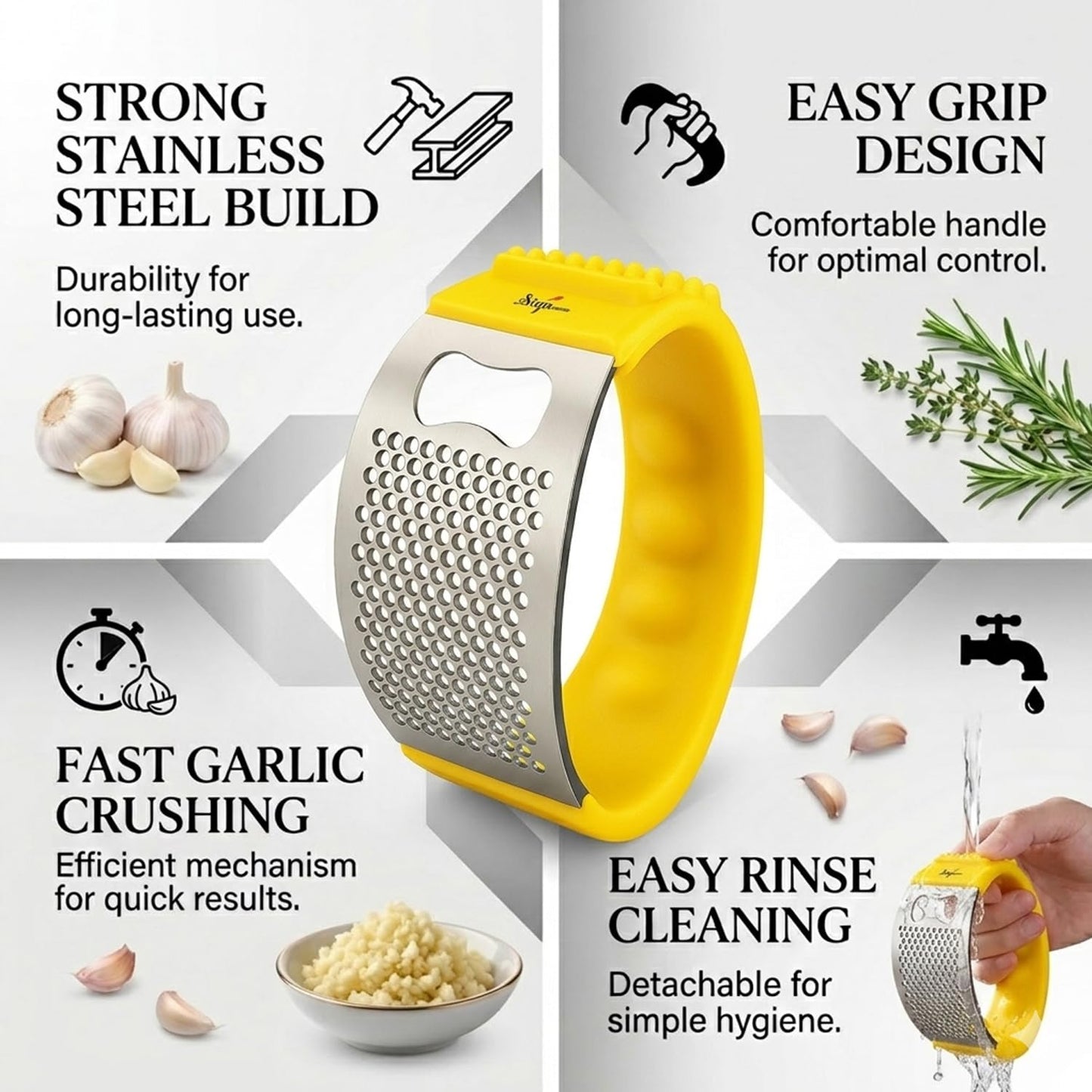 Signamio Garlic Peeler Tool - Versatile Garlic Crusher Mini Hand Press Chopper for Effortless Garlic Preparation, Durable and Easy to Clean Kitchen Essential - Yellow
