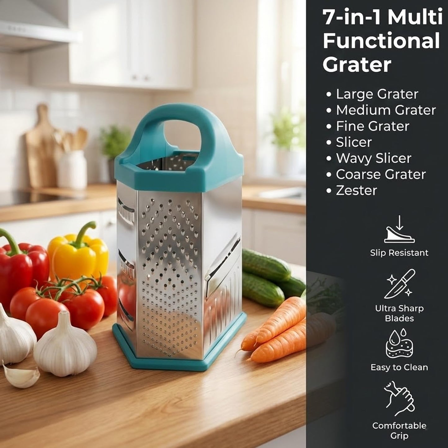 Signamio 7 in 1 Cheese Grater Stainless Steel Vegetable Slicer for Kitchen - Carrot Grater Machine and Multi-Function Slicer Box, Durable Blades for Efficient Food Preparation - Multicolor