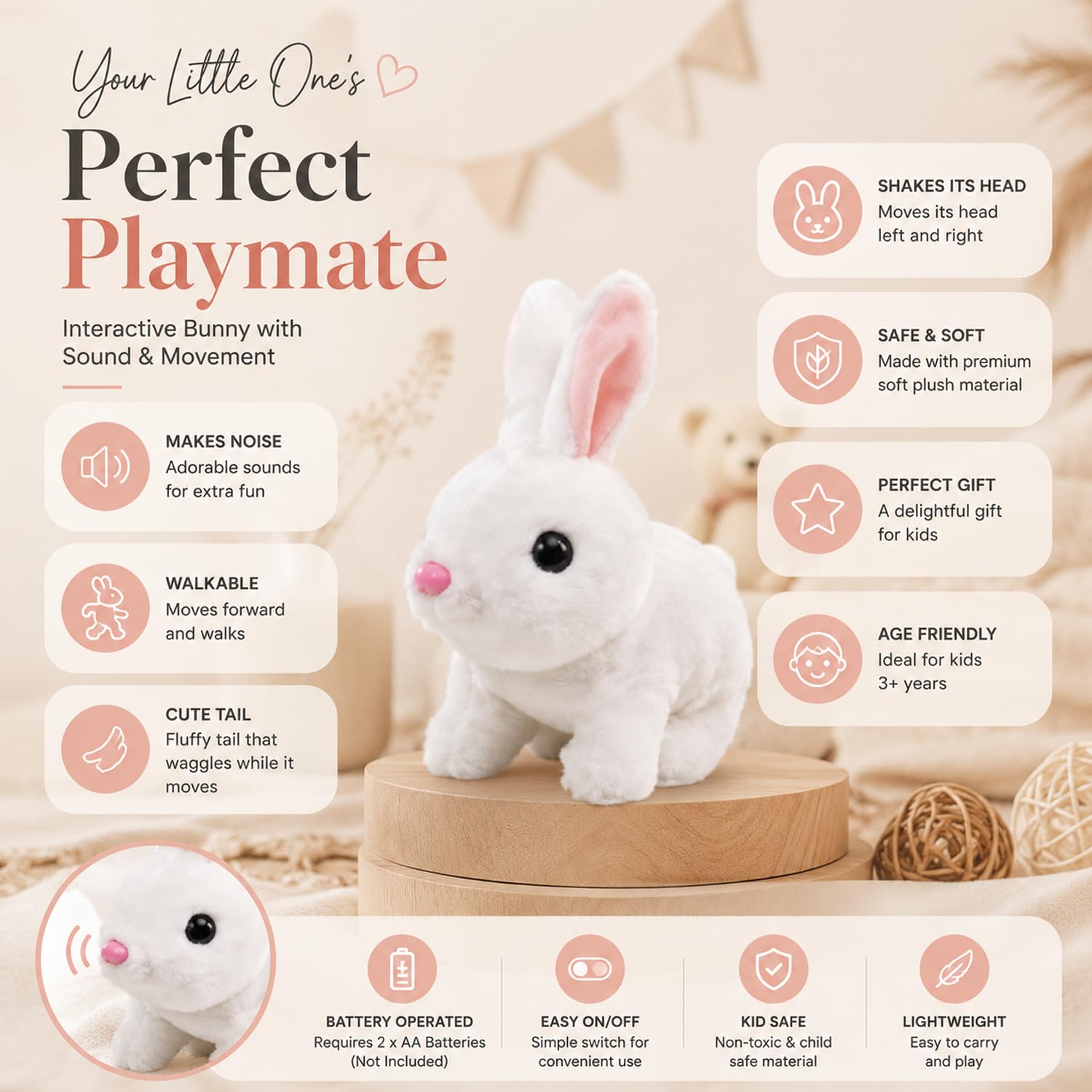 SIGNAMIO Jumping Rabbit Wiggling Ear, Walking Bunny Toy with Sounds, Twitching Mouth and Nose, Bunny Rabbit Toy for Baby Kids - White - 1 Pcs