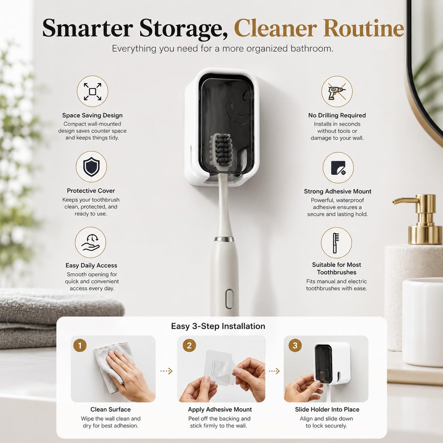 Signamio 4 Pcs Set of Tooth Brush Holder Bathroom, Self Adhesive Toothbrush Holder Wall Mount, Bathroom Organizer & Brush Holder for Bathroom, Toothbrush Holders for Bathroom Wall, Toothbrush Stand