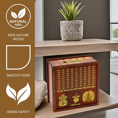 Signamio Wooden Money Saving Piggy Bank Box with Numbers - Perfect Money Saving Box for Kids and Adults, Ideal Money Bank for Girls, Gullak for Men and Women, Kiddy Savings Bank with Amount Displayed