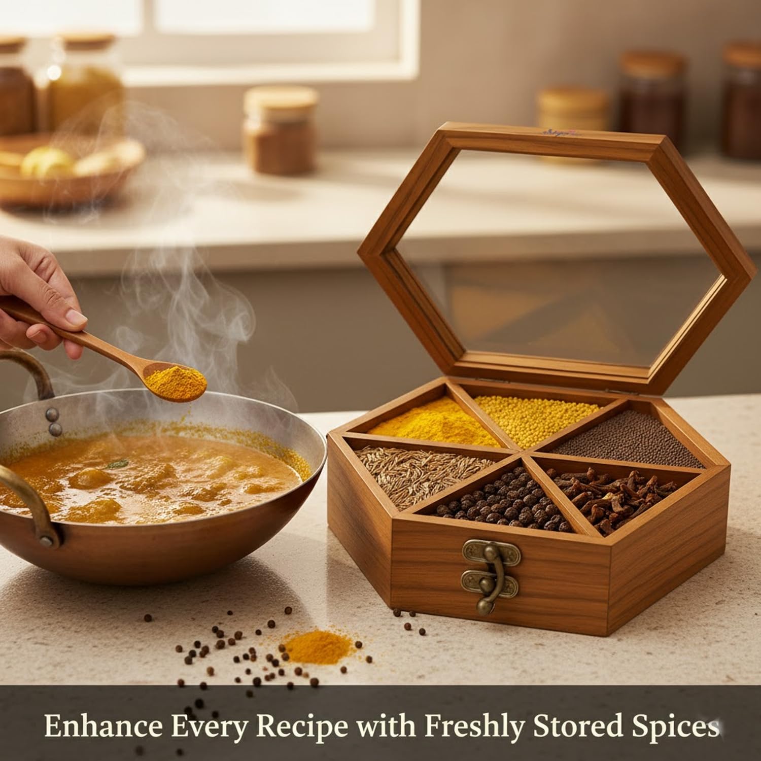 SIGNAMIO® Hexa Wooden Spice Box with Detachable Containers and Spoon, Transparent Glass Masala dani for Kitchen Storage, Anjarai Petti Style Organizer, Perfect Wooden Masala Box for Kitchen Use