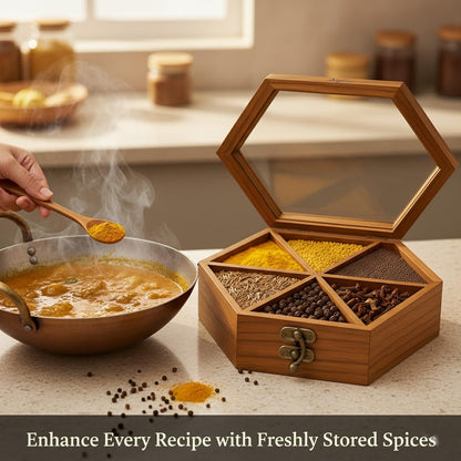 SIGNAMIO® Hexa Wooden Spice Box with Detachable Containers and Spoon, Transparent Glass Masala dani for Kitchen Storage, Anjarai Petti Style Organizer, Perfect Wooden Masala Box for Kitchen Use