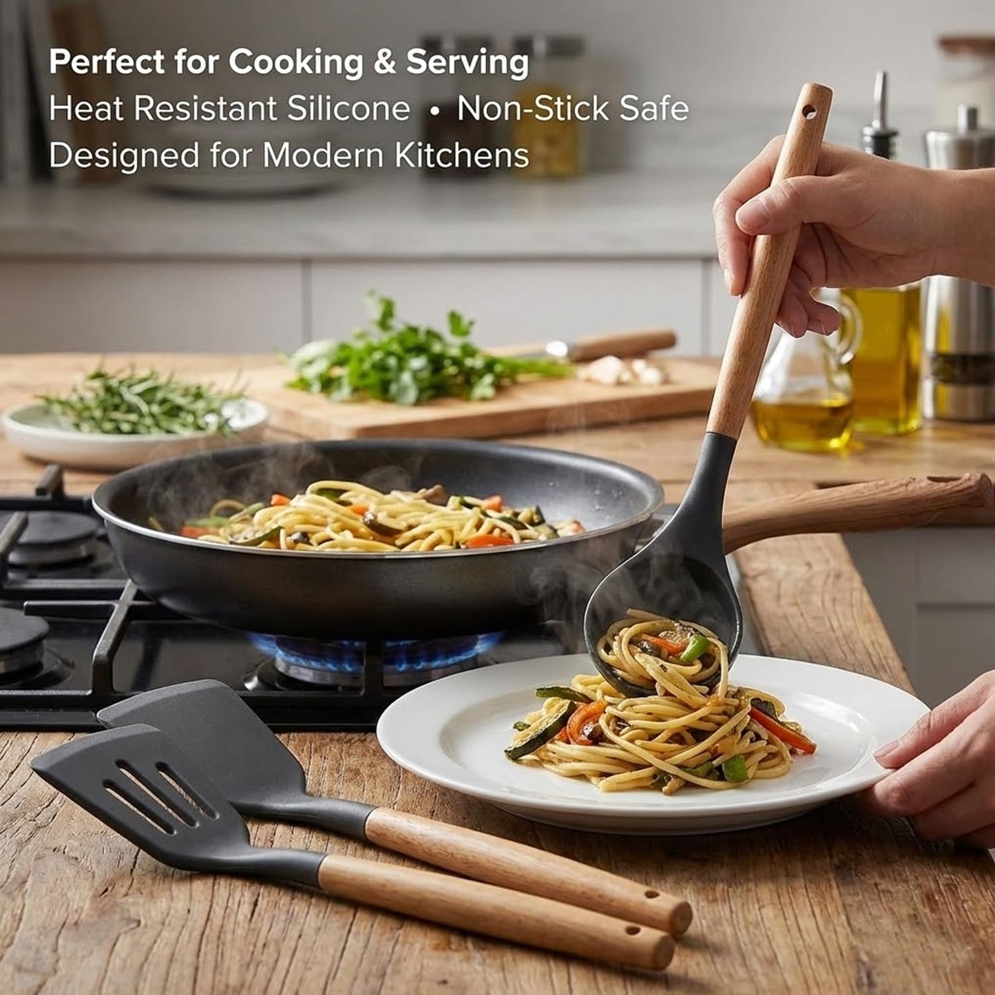 Signamio Silicone Spatula Set with Wooden Handle, 3 Pcs - Premium Cooking Set Ideal for Baking and Cooking, Durable and Heat-Resistant - Grey Color