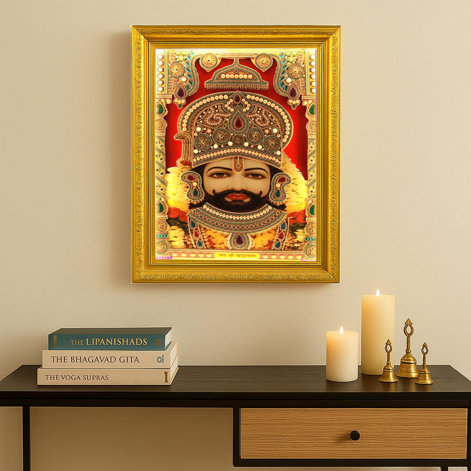 SIGNAMIO® Designer Handmade Stone Moti Work with Gold led Light Sculpture of 3D Khatu Shyam wall Hanging Photo Frame with for Puja Room,Home,Office,wall decoration-1pcs (23X18 Inch)