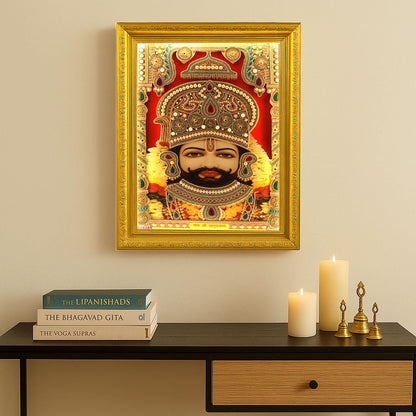 SIGNAMIO® Designer Handmade Stone Moti Work with Gold led Light Sculpture of 3D Khatu Shyam Wall Hanging Photo Frame with for Puja Room,Home,Office,Wall decoration-1pcs (14X11 Inch)