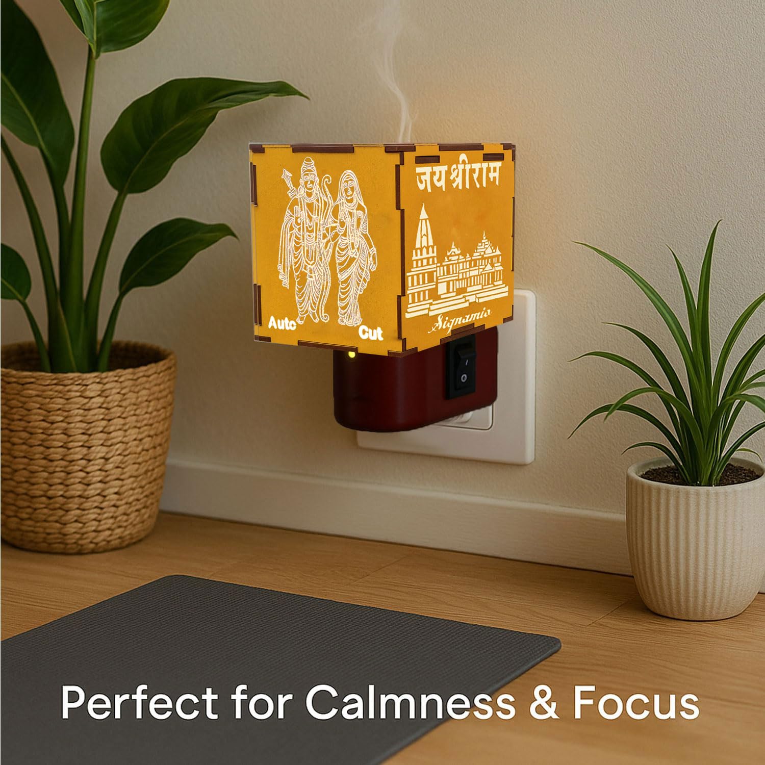 Signamio Auto Cut Wooden Ram Mandir Camphor Kapur Burner with Night Lamp - Kapoor Dani for Home Fragrance, Aroma Oil Diffuser, Bakhoor Burner, Kapoor Diffuser for Home