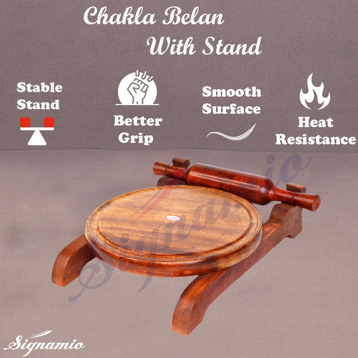SIGNAMIO® Wooden Chakla Belan Set for Kitchen - Roti Maker with Rolling Pin and Board Stand - Perfect Chapati Rolling Board and Polpat Latna for Effortless Roti and Chapati Preparation