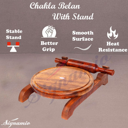 SIGNAMIO® Wooden Chakla Belan Set for Kitchen - Roti Maker with Rolling Pin and Board Stand - Perfect Chapati Rolling Board and Polpat Latna for Effortless Roti and Chapati Preparation