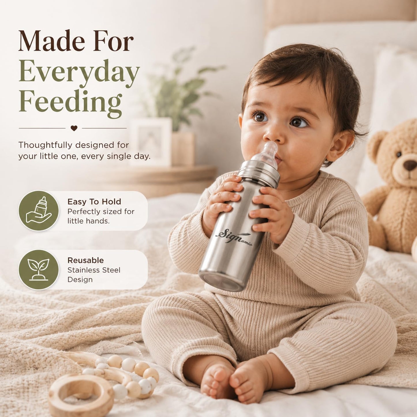 Signamio Stainless Steel Feeding Bottle for New Born Baby | Milk Feeding Bottle with Silicone Nipple & Cap | Feeder Bottle for 1 Year Baby | Baby Feeding Bottle for Milk | Steel Milk Bottle for Kids