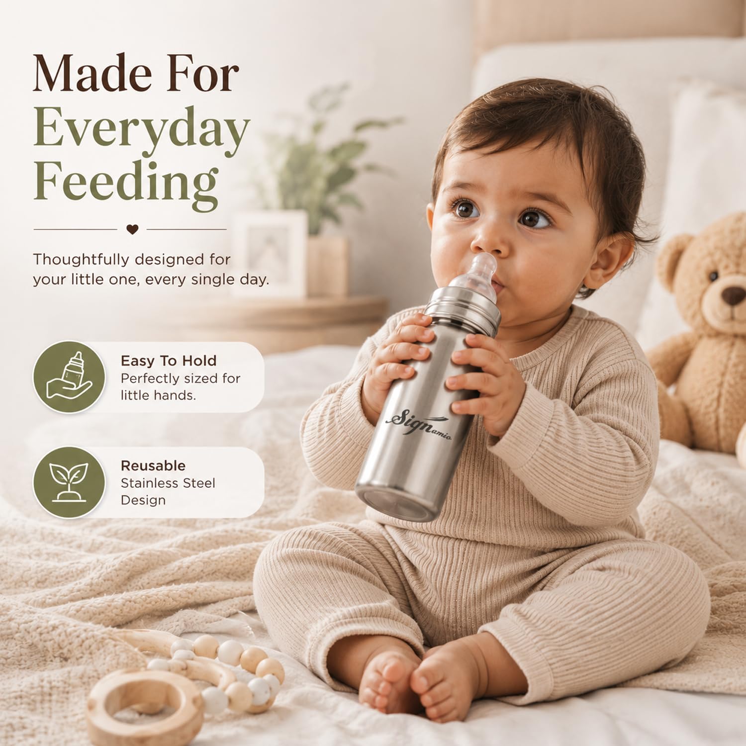 Signamio Stainless Steel Feeding Bottle for New Born Baby | Milk Feeding Bottle with Silicone Nipple & Cap | Feeder Bottle for 1 Year Baby | Baby Feeding Bottle for Milk | Steel Milk Bottle for Kids