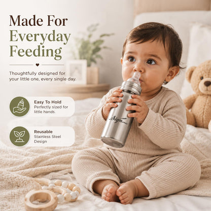 Signamio Stainless Steel Feeding Bottle for New Born Baby | Milk Feeding Bottle with Silicone Nipple & Cap | Feeder Bottle for 1 Year Baby | Baby Feeding Bottle for Milk | Steel Milk Bottle for Kids