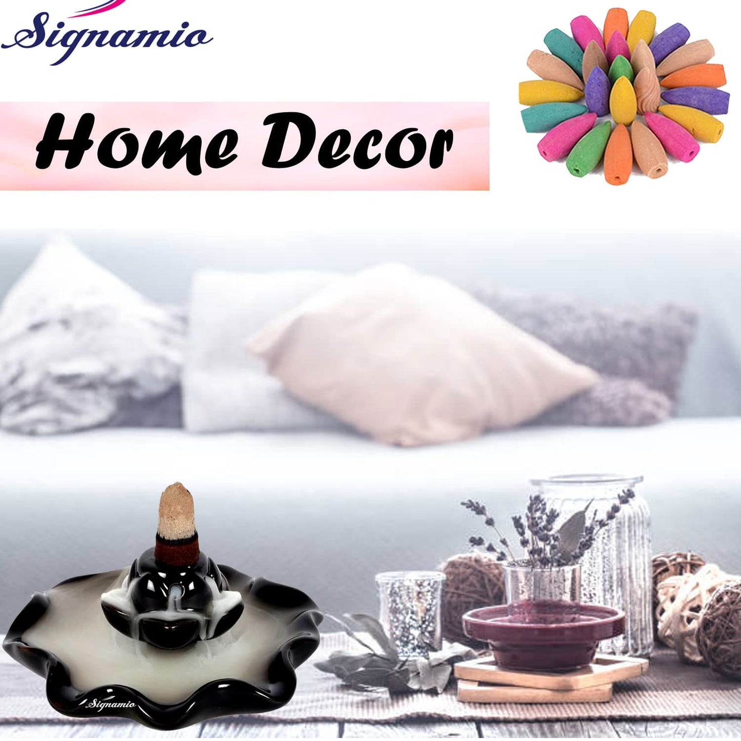 Signamio Ceramic Decorative Incense Stick Stand with Backflow Incense Smoke Fountain - 30 Cones Included for Pooja Meditation, Backflow Incense Burner Holder for Decor