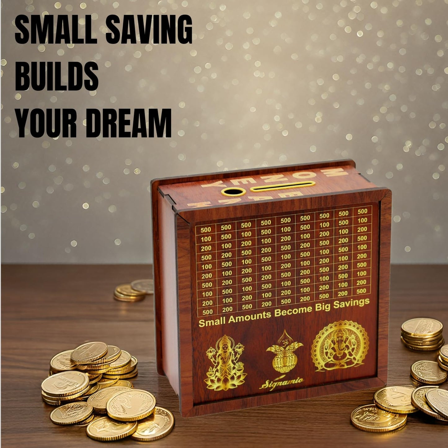 Signamio Wooden Money Saving Piggy Bank Box with Numbers - Perfect Money Saving Box for Kids and Adults, Ideal Money Bank for Girls, Gullak for Men and Women, Kiddy Savings Bank with Amount Displayed
