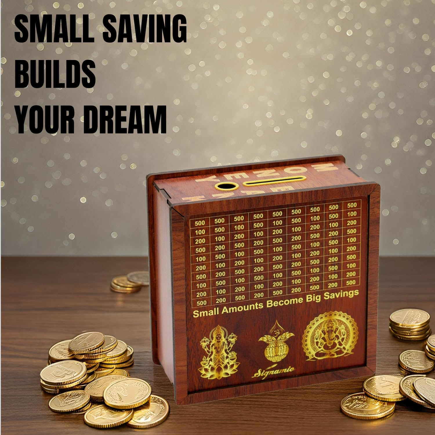 Signamio Wooden Money Saving Piggy Bank Box with Numbers - Perfect Money Saving Box for Kids and Adults, Ideal Money Bank for Girls, Gullak for Men and Women, Kiddy Savings Bank with Amount Displayed
