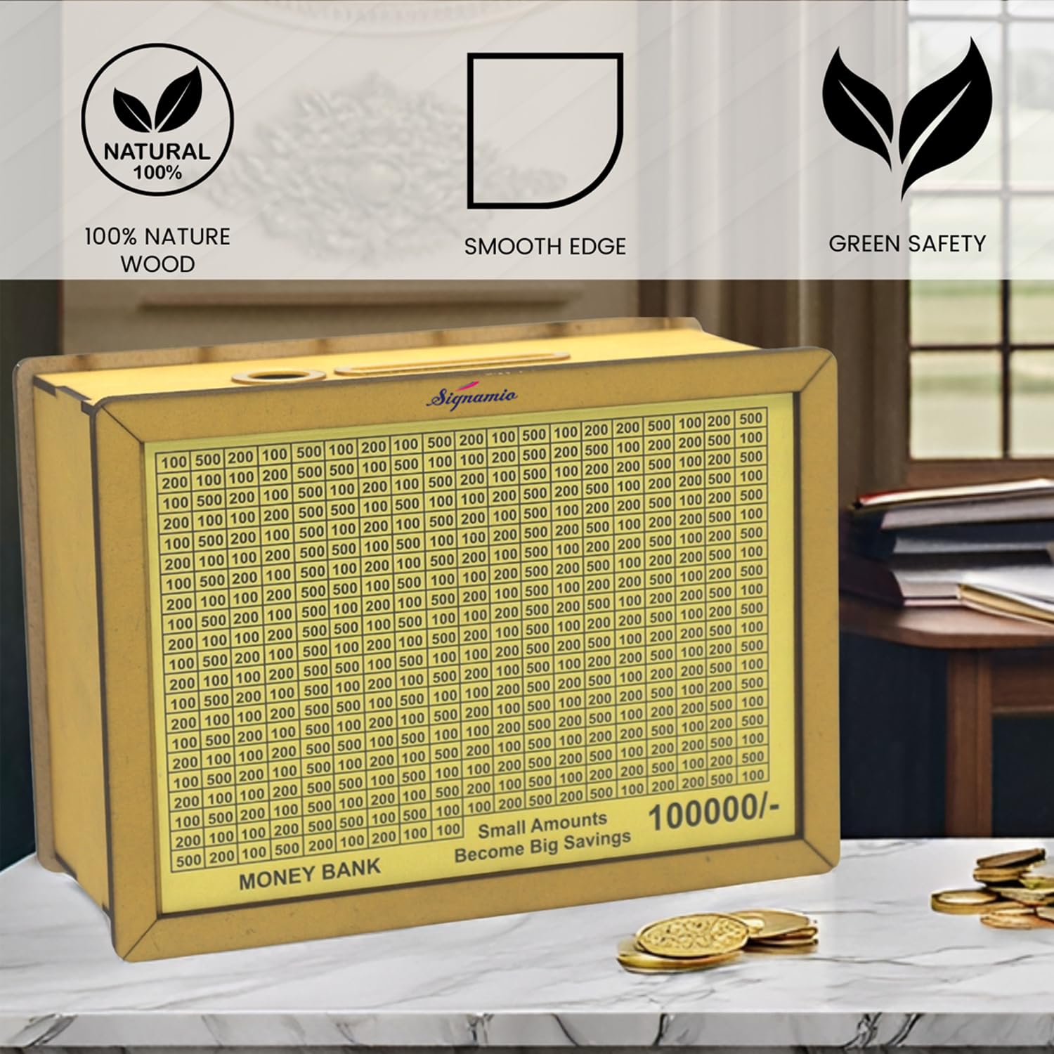 Signamio Money Saving Box for Adult 100000 - Wooden Piggy Bank 100000 with Marker Pen, Elegant Wooden Piggy Bank for Adults, Perfect Money Saving Solution and Financial Goal Achievement-DN2