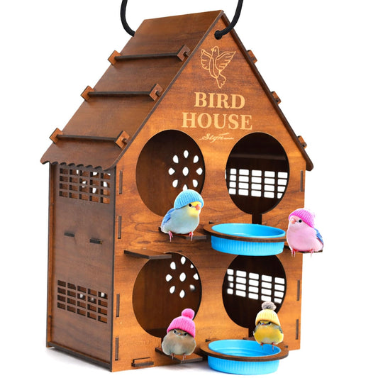 Signamio Upgraded Wooden Bird House with 4 Bird Space Option and Water Feeder - Large Bird Nest for Outdoor Use, Durable Birds Nest Home, Ideal for Birdwatching Enthusiasts