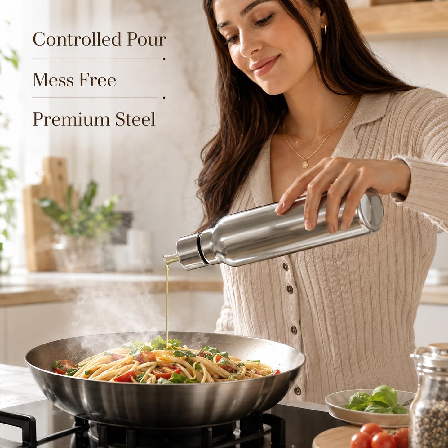 SIGNAMIO Oil Dispenser for Kitchen Stainless Steel 1 Litre | Stainless Steel Oil Bottle with Easy Pour Spout | Oil Dispenser for Kitchen Steel | Steel Oil Container for Cooking Oil & Vinegar