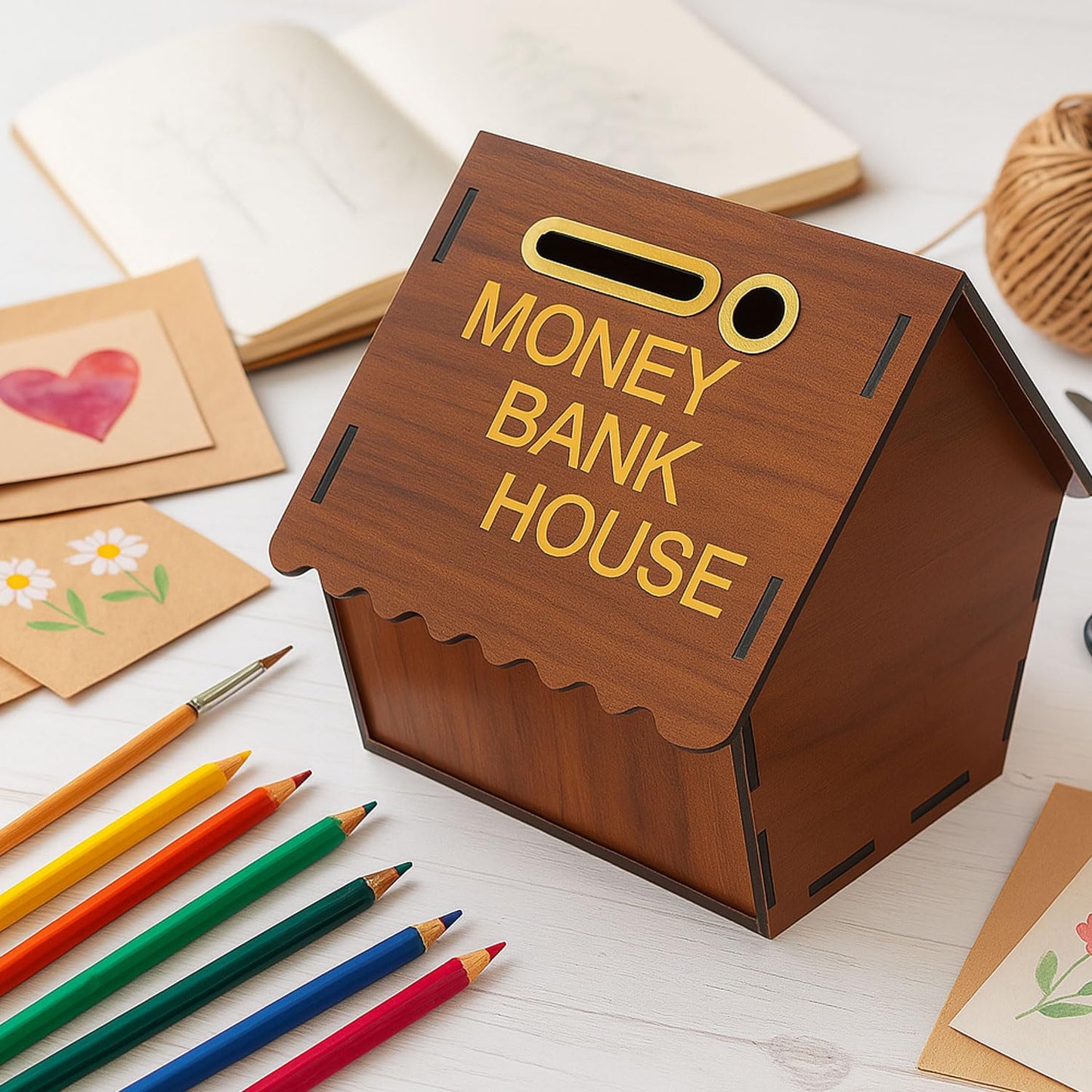 Signamio Wooden Money Saving Box for Adults - House Shaped Piggy Bank 100000, Elegant Money Box for Secure Savings and Home Decor, Durable Wooden Material
