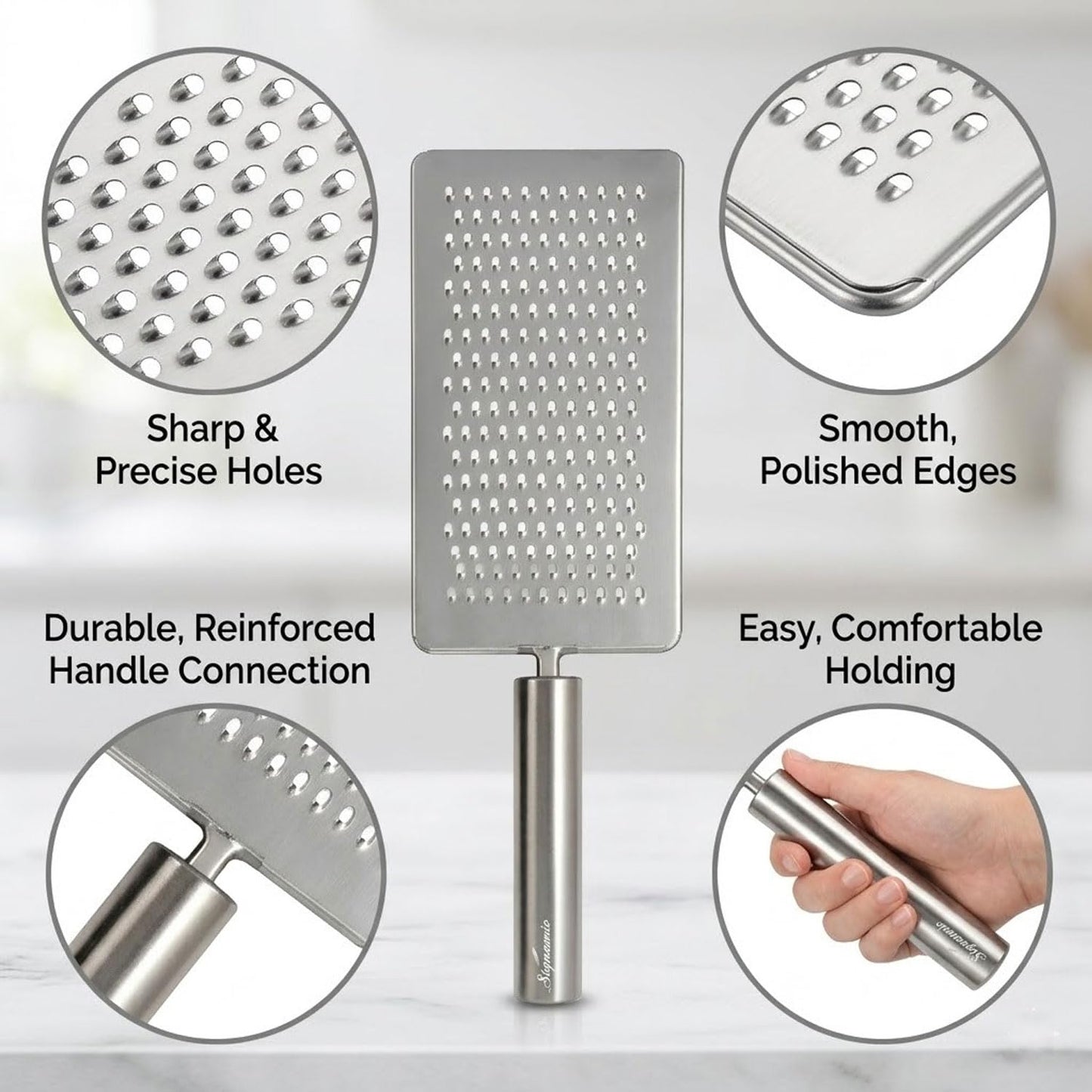 SIGNAMIO® Stainless Steel Kadukas Cheese Grater and Vegetable Shredder for Kitchen, Efficient Ginger Garlic Crusher with Protective Cover, Ideal Carrot and Ginger Slicer - Flat Design