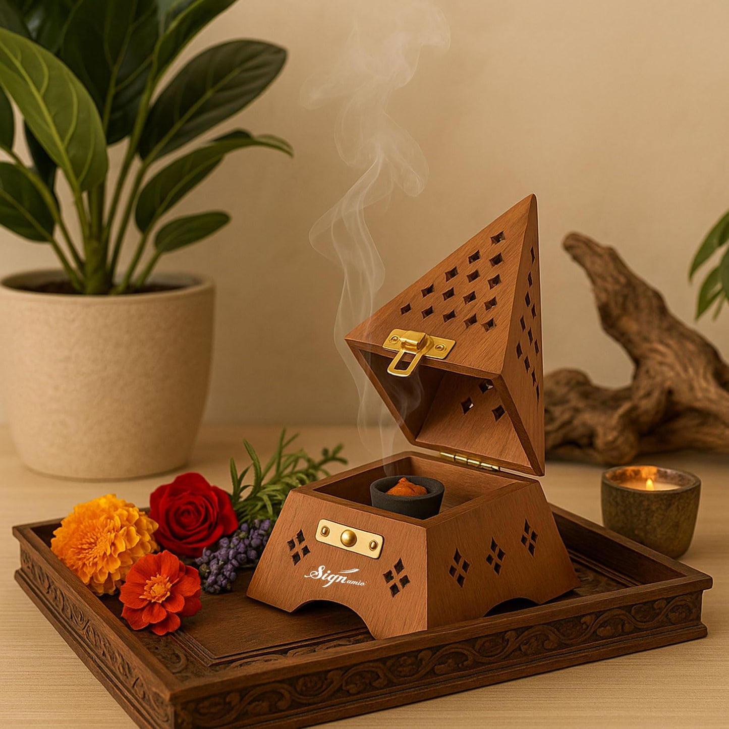SIGNAMIO® Eiffel Tower Wooden Sambrani Dhoop Stand Incense Holder: Perfect Pooja Room Stand Decoration Item, Dhup Dani & Doopam Holder, Essential Puja Item for Home Mandir and Pooja Thali Set Rituals