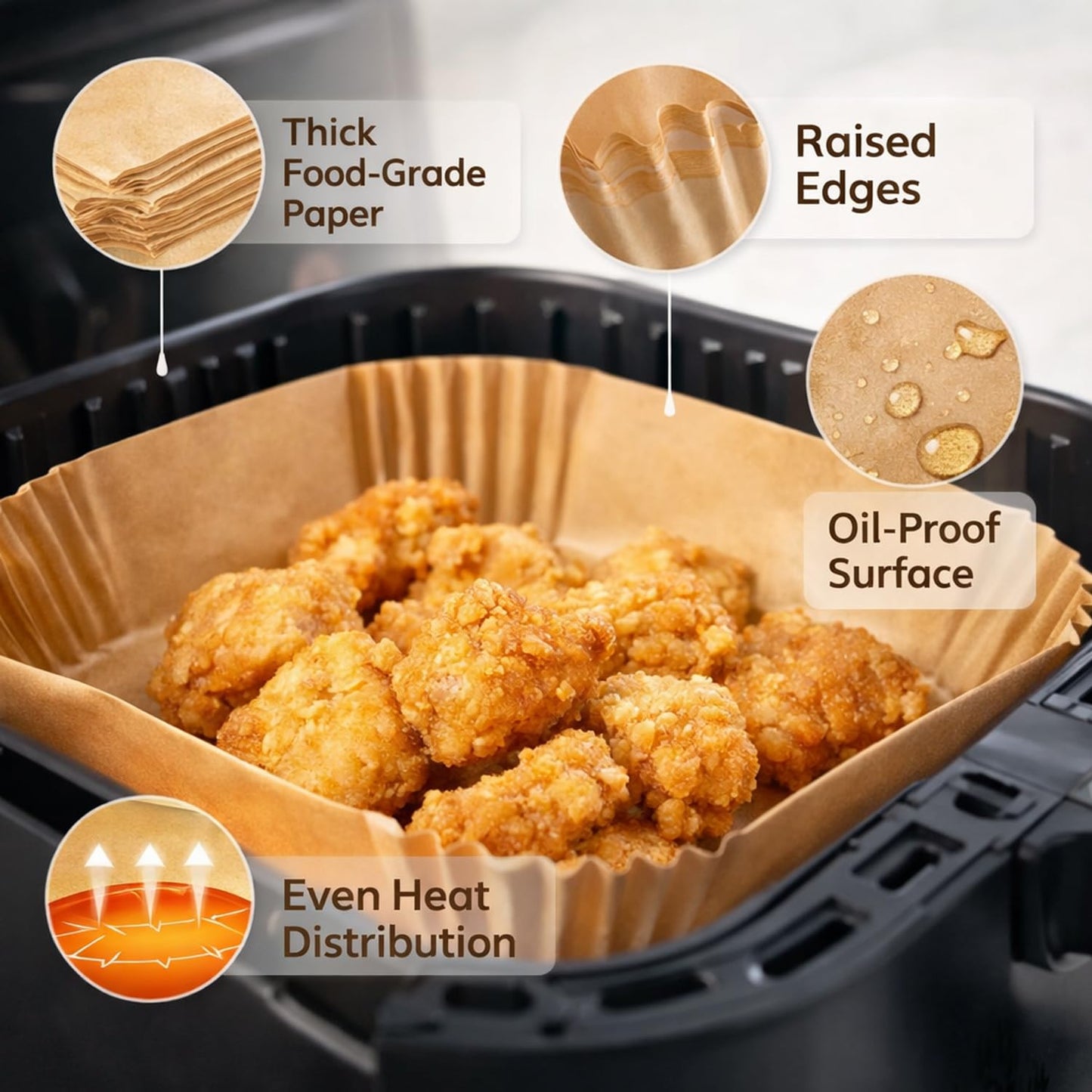 Signamio Air Fryer Paper Sheets - 100 Pcs Airfryer Paper Sheets, Air Fryer Accessories, Heat Resistant, Greaseproof, Waterproof, Safe for Temperatures Up to 230°C - Square