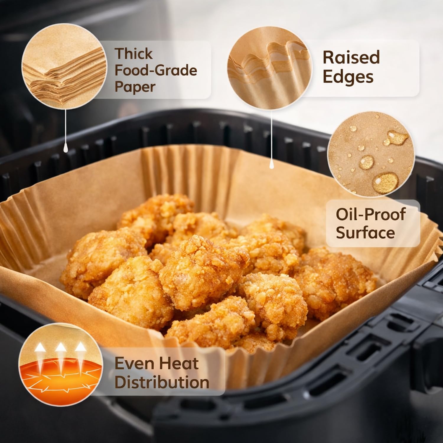 Signamio Air Fryer Paper Sheets - 100 Pcs Airfryer Paper Sheets, Air Fryer Accessories, Heat Resistant, Greaseproof, Waterproof, Safe for Temperatures Up to 230°C - Square