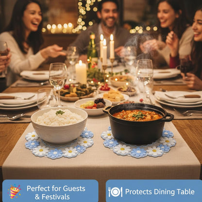 Signamio Silicone Mat for Kitchen - Heat Resistant Flower Shaped Trivet Mat Set, Coasters for Dining Table for Hot Pots, Pack of 3-1 Small, 1 Medium, 1 Large Heat Mats - Blue