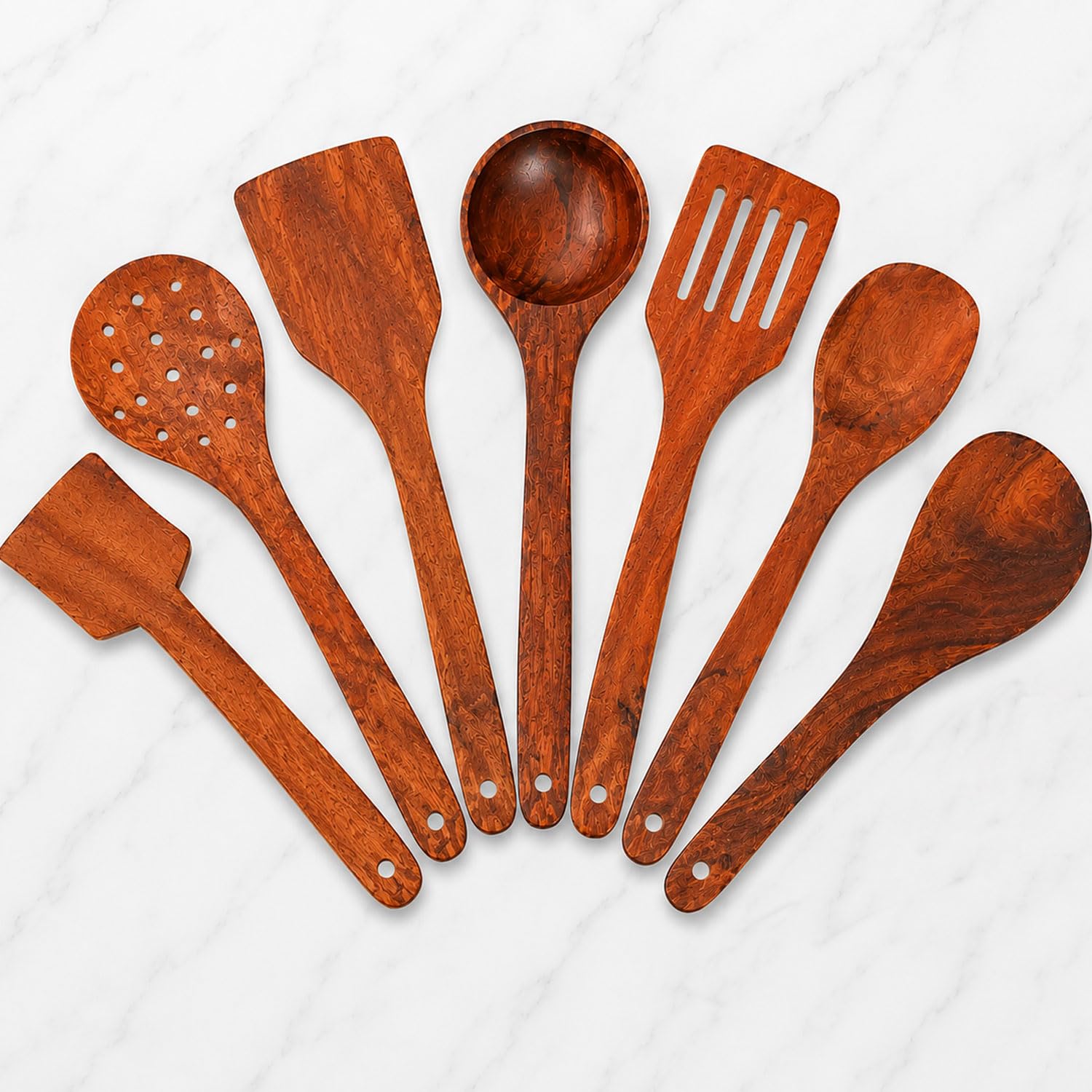 SIGNAMIO 7-Piece Wooden Spatula Set for Cooking, Natural Sheesham Wood Kitchen Utensils Set, Non-Stick Safe Cooking Tools, Turner, Ladle, Slotted Spatula & Serving Spoon Set for Kitchen