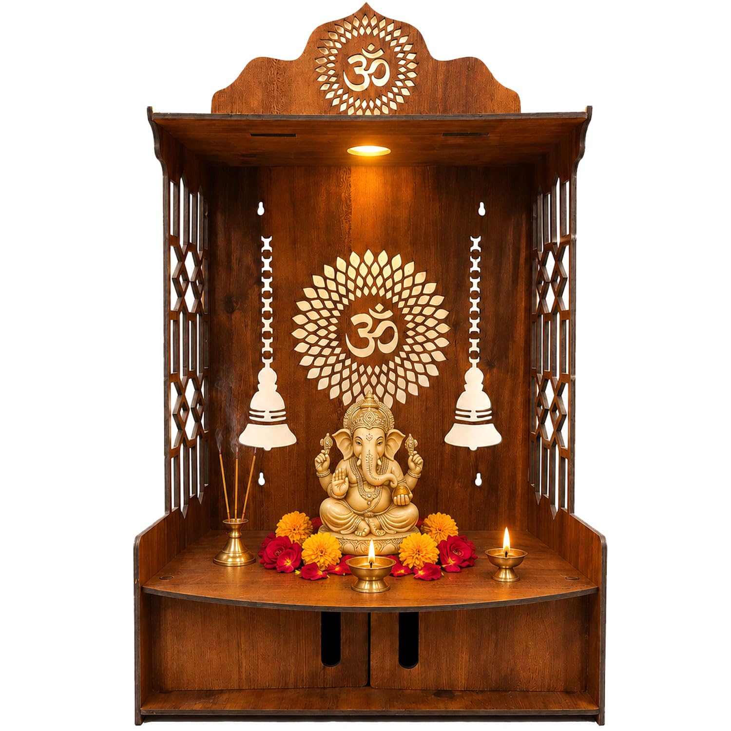 SIGNAMIO Mandir for Home with Door & LED Light | Wooden MDF Pooja Temple | Temple for Home with Door | Wall Mounted Hanging Home Temple with Storage Drawer