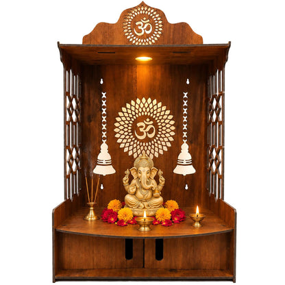 SIGNAMIO Mandir for Home with Door & LED Light | Wooden MDF Pooja Temple | Temple for Home with Door | Wall Mounted Hanging Home Temple with Storage Drawer