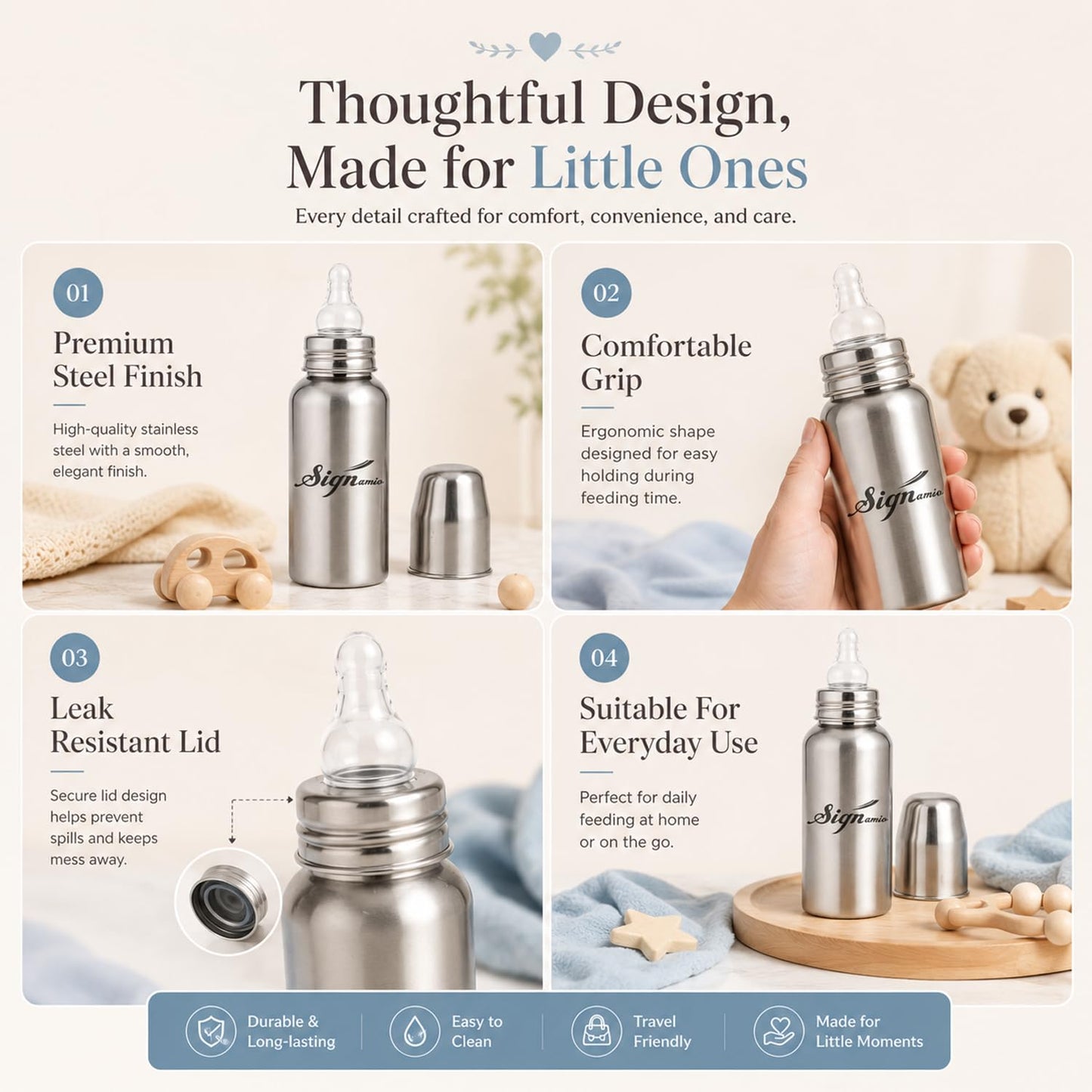 Signamio Stainless Steel Feeding Bottle for New Born Baby | Milk Feeding Bottle with Silicone Nipple & Cap | Feeder Bottle for 1 Year Baby | Baby Feeding Bottle for Milk | Steel Milk Bottle for Kids