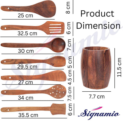 SIGNAMIO® 7pcs Wooden Spoon and Spatula Set for Cooking - Non-Stick Kitchen Utensils with Holder, Spoon Rest & Hooks - Ideal Wooden Kitchen Set for Non-Stick Pans