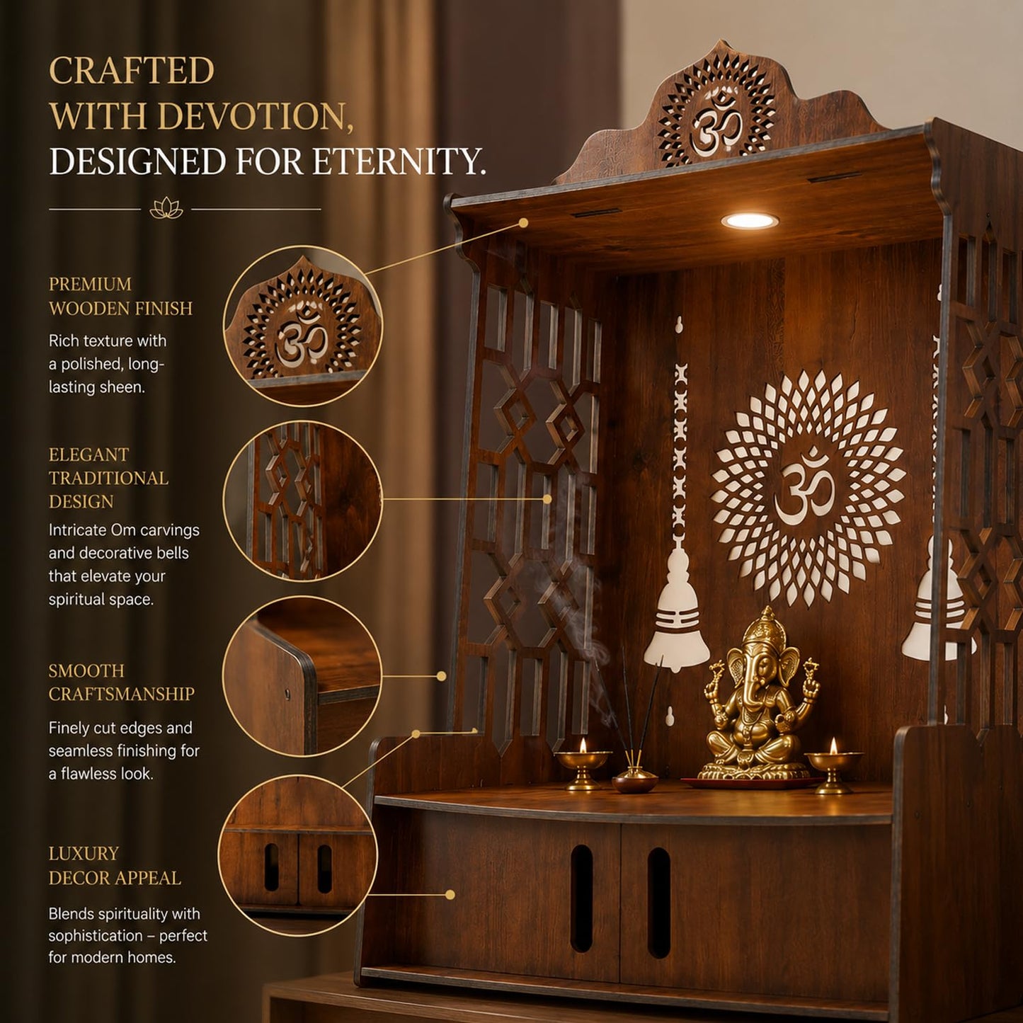 SIGNAMIO Mandir for Home with LED Light | Wooden MDF Puja Mandir | Wall Mounted Temple | Home Temple with Storage Drawer | Decorative Wooden Temple for Living Room & Prayer Room