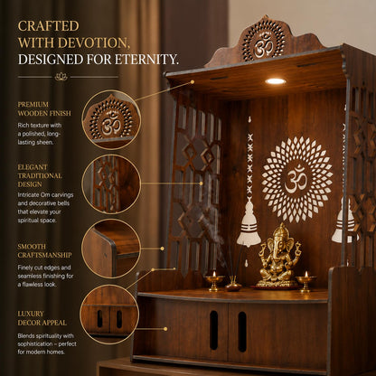 SIGNAMIO Mandir for Home with LED Light | Wooden MDF Puja Mandir | Wall Mounted Temple | Home Temple with Storage Drawer | Decorative Wooden Temple for Living Room & Prayer Room
