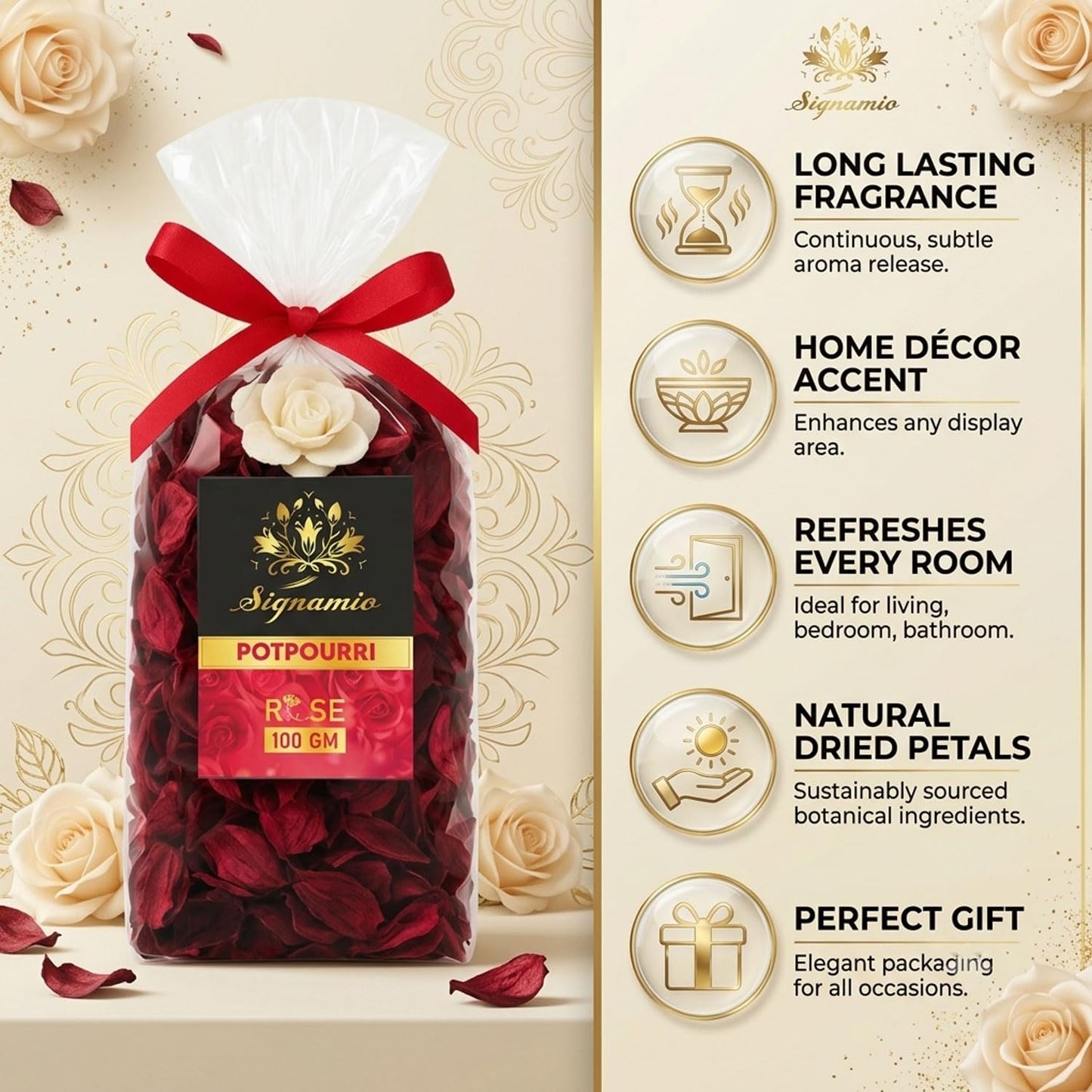 SIGNAMIO Potpourri Flowers - Dry Flowers for Decoration, Scented Dry Flower Mix for Home Decor, Natural Fragrance, Floral Arrangement, Aromatic Bowl Filler, Gift Basket Filler - Rose