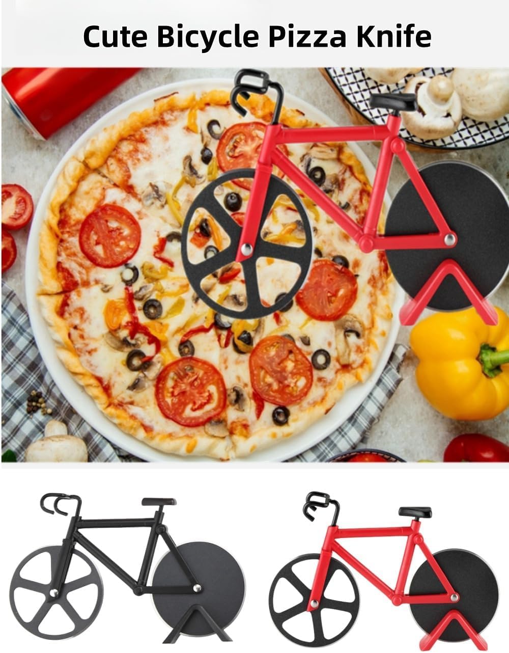 SIGNAMIO® Bicycle Pizza Cutter and Sandwich Slicer - Red, Ergonomic Non-Slip Handle, Stainless Steel Pizza Wheel for Kitchen, Ideal Roti, Paratha, Chapati, Brownie & Slice Cutter