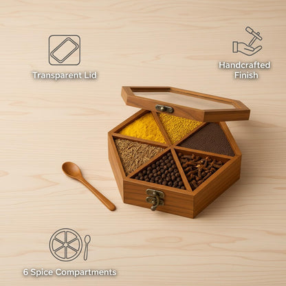 SIGNAMIO® Hexa Wooden Spice Box with Detachable Containers and Spoon, Transparent Glass Masala dani for Kitchen Storage, Anjarai Petti Style Organizer, Perfect Wooden Masala Box for Kitchen Use