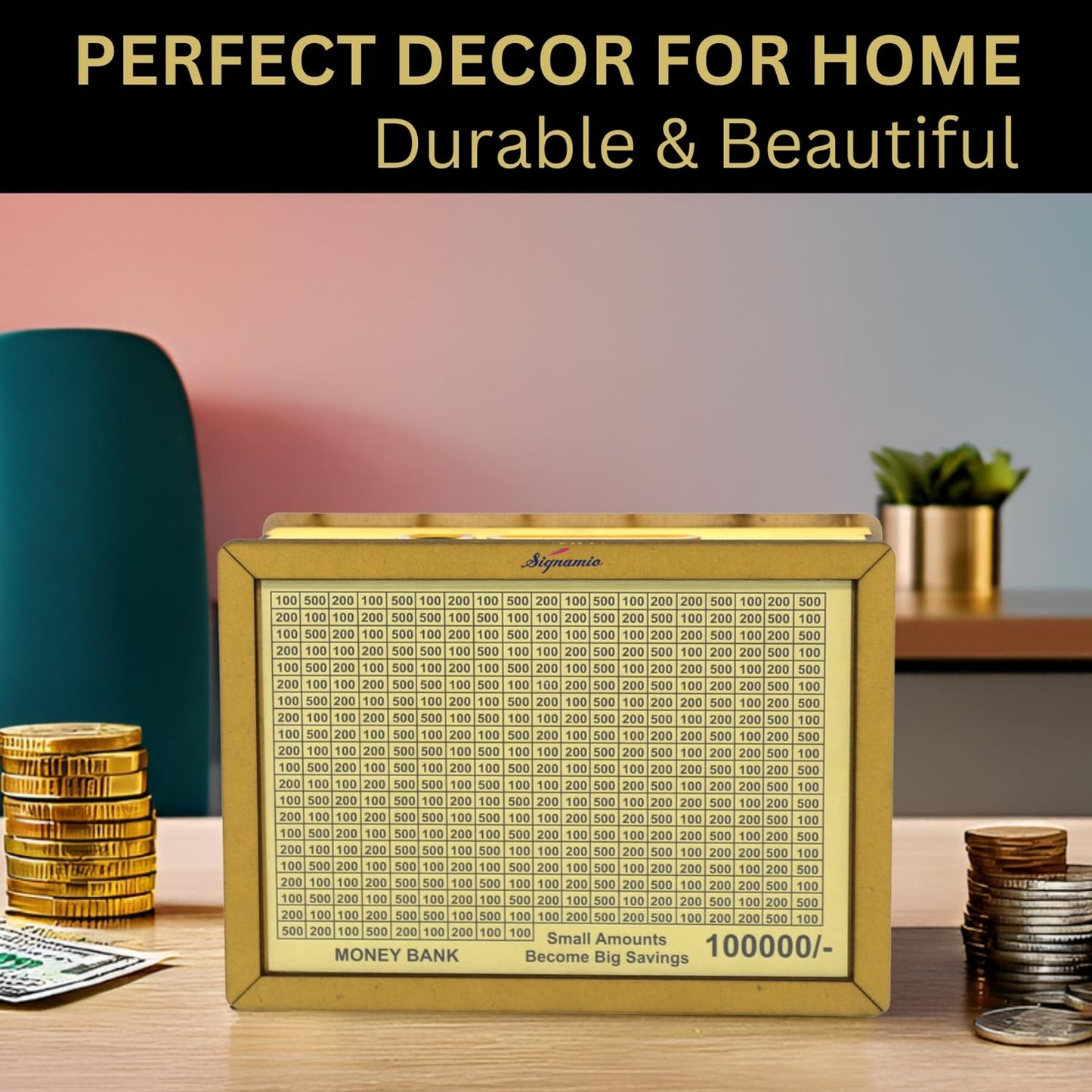 Signamio Money Saving Box for Adult 100000 - Wooden Piggy Bank 100000 with Marker Pen, Elegant Wooden Piggy Bank for Adults, Perfect Money Saving Solution and Financial Goal Achievement-DN2