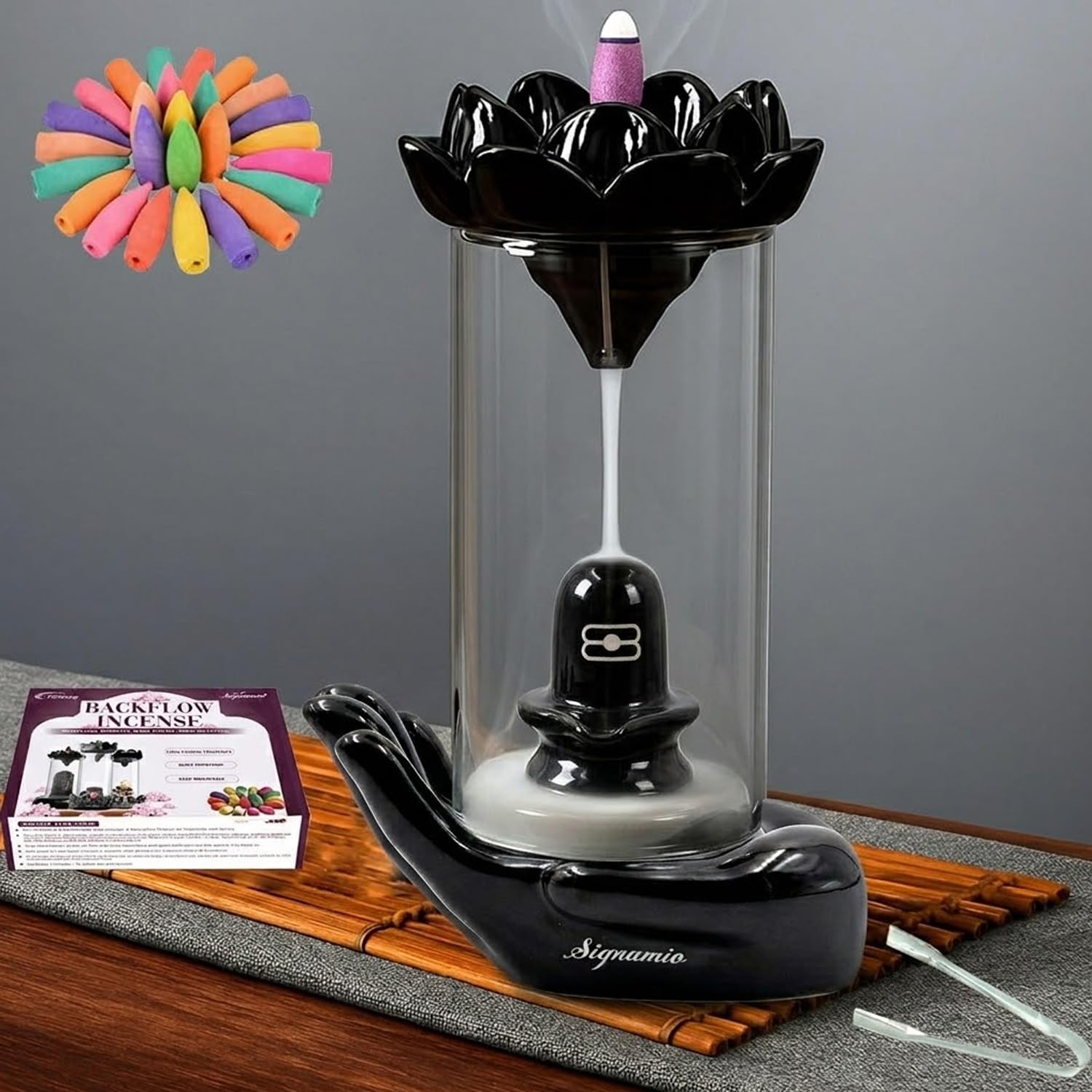 Signamio Ganesha Backflow dhoop Smoke Fountain Aromatic Essence of Ceramic Incense Burner Holder with 30 Cones for Meditation and Home Decor-DN